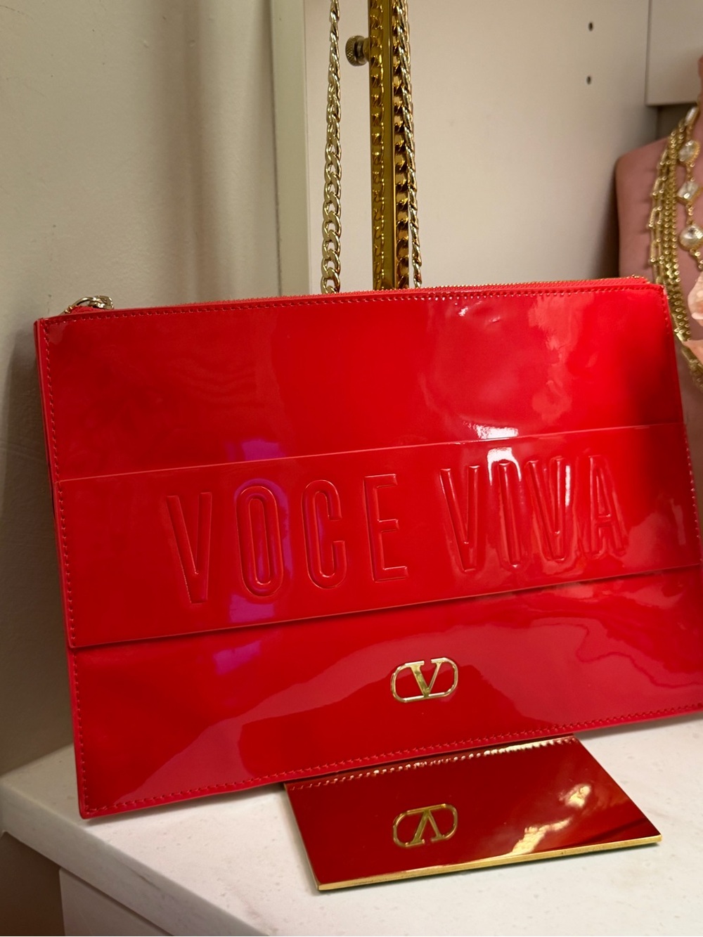 Valentino NWOT Red Gloss zipper clutch w added gold-tone Crossbody Gold V Emblem